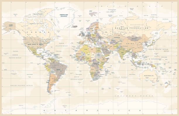 политический цветной винтаж мир карта вектор - globe politics topography world map stock illustrations