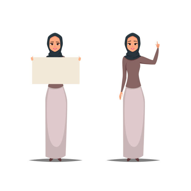 Cartoon business arab woman character with hijab Cartoon business arab woman character with hijab. Smiling girl in hijab pointing left and right. Young Arabic business woman wearing hijab.Vector illustration isolated from white background burka stock illustrations