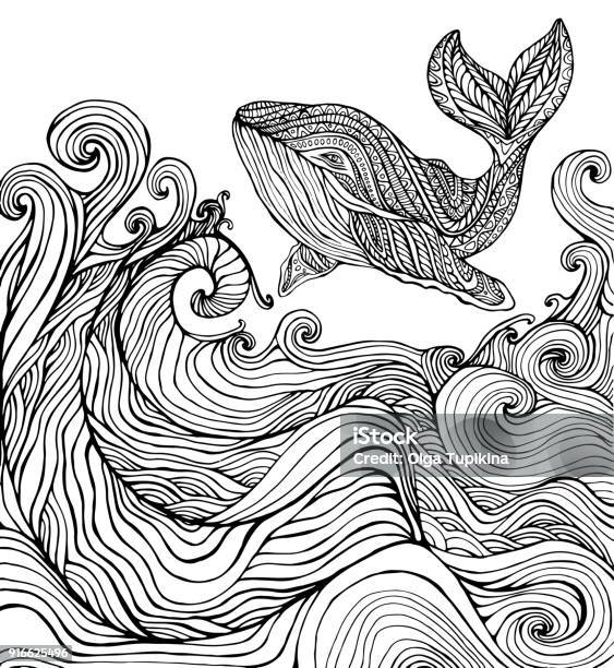 Whale And Ocean Waves Coloring Page Stock Illustration - Download Image Now - Abstract, Illustration, Whale