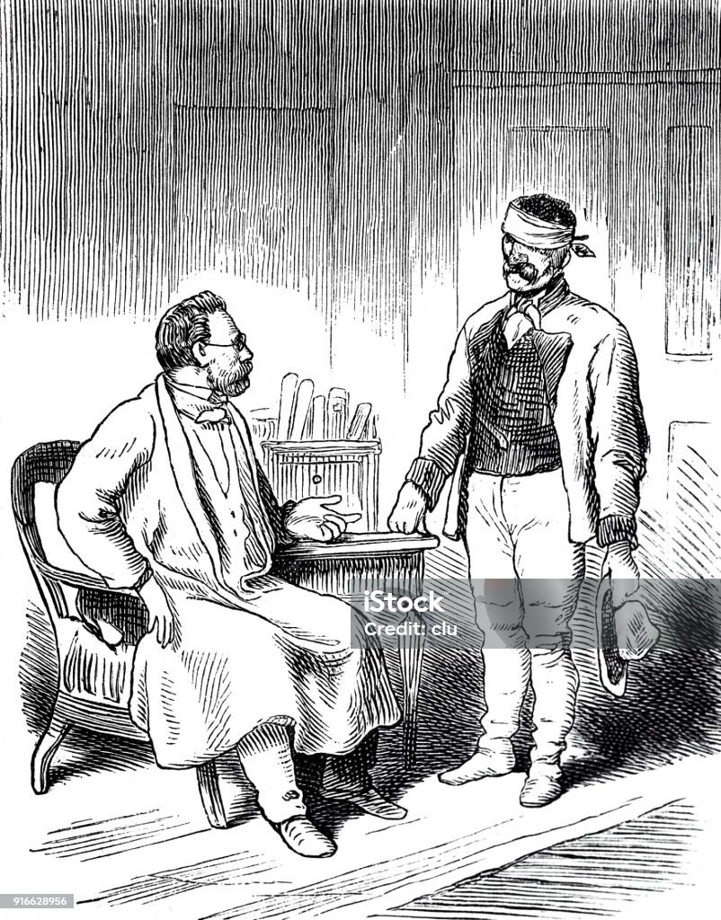 Doctor speaks to a patient with blindfold Illustration from 19th century Archival stock illustration