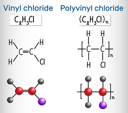 Polyvinyl chloride (PVC) and vinyl chloride monomer molecule. Structural chemical formula and molecule model. Vector illustration