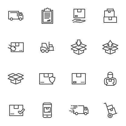 Set order and courier delivery goods vector icons. Vector line icons transport delivery and logistics, courier service, warehouse storage