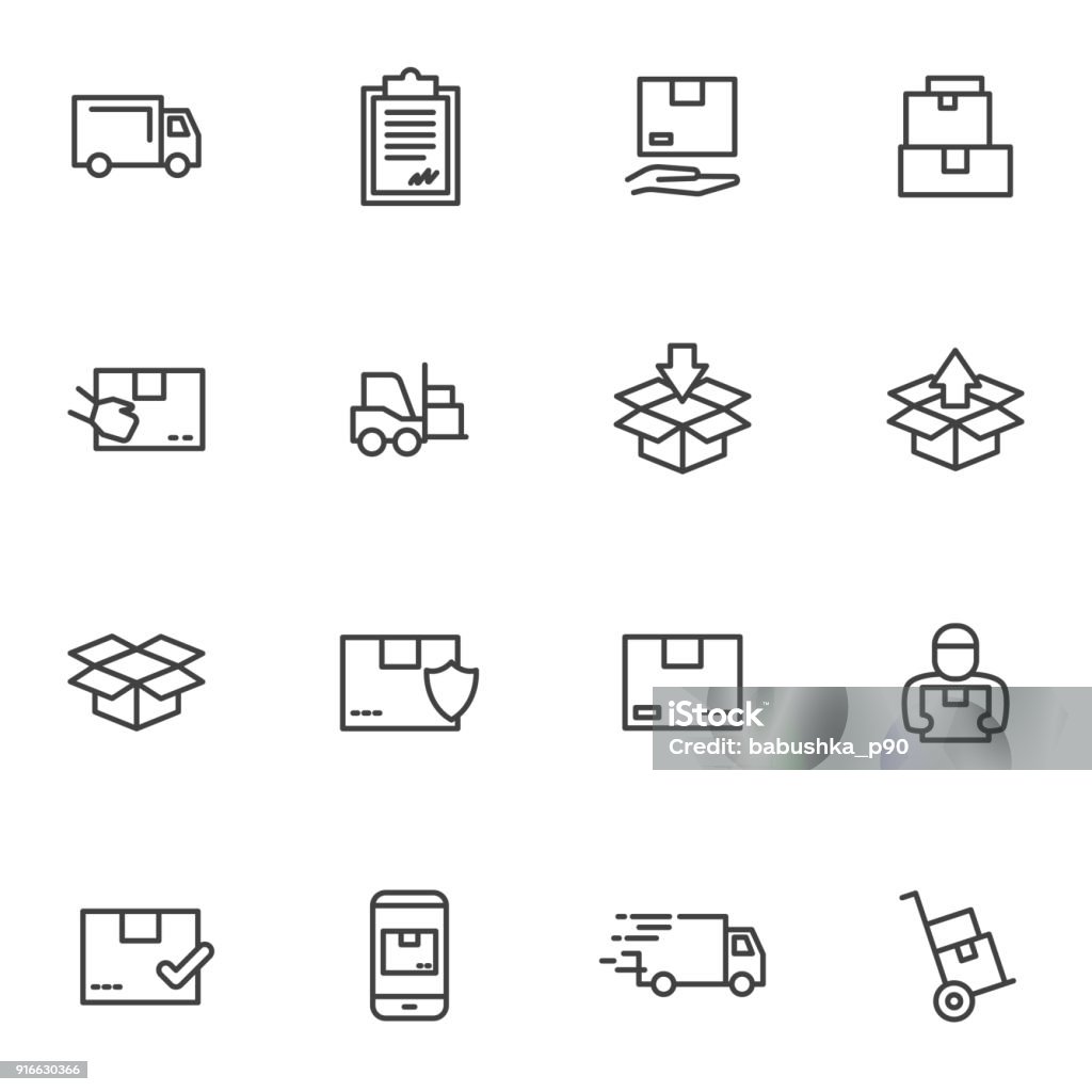 Set order and courier delivery goods, courier service, warehouse vector icons Set order and courier delivery goods vector icons. Vector line icons transport delivery and logistics, courier service, warehouse storage Ordering stock vector