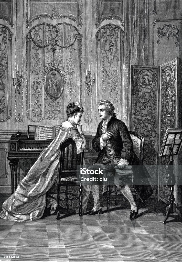 The interrupted piano lesson: Piano teacher holds his hand on his heart and speaks to the woman Illustration from 19th century 1877 stock illustration