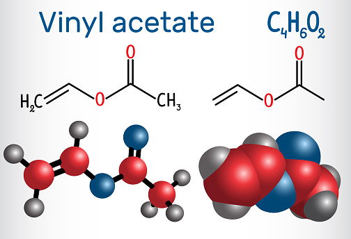 Vinyl acetate molecule. It is the precursor to polyvinyl acetate (PVA) . Structural chemical formula and molecule model. Vector illustration