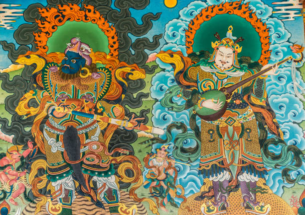 outside wall painting at vihara of namdroling buddhist monastery, coorg india. - padmasambhava imagens e fotografias de stock