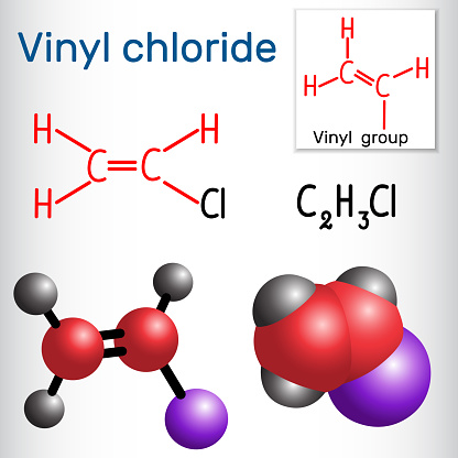 Vinyl chloride molecule. It is also called vinyl chloride monomer (VCM) or chloroethene.  Structural chemical formula and molecule model. Vector illustration