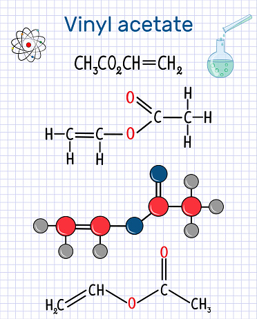 Vinyl acetate molecule. It is the precursor to polyvinyl acetate (PVA) . Sheet of paper in a cage. Structural chemical formula and molecule model. Vector illustration