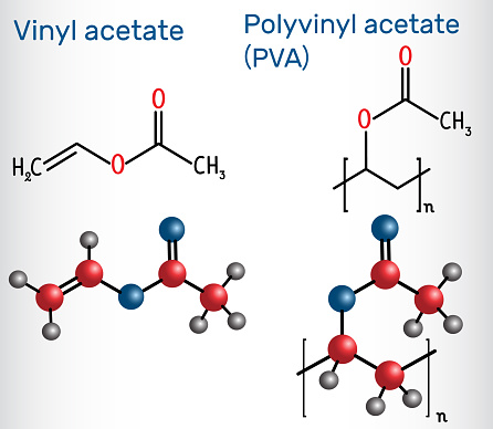 Polyvinyl acetate (PVA) polymer and vinyl acetate monomer molecule . Structural chemical formula and molecule model. Vector illustration