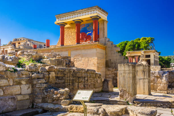 Old walls of Knossos near Heraklion. The ruins of the Minoan palaces is the largest archaeological site of all the palaces in Mediterranean island of Crete, UNESCO tentative list. Heraklion, Greece - January 28, 2018: Old walls of Knossos near Heraklion. The ruins of the Minoan palaces is the largest archaeological site of all the palaces in Mediterranean island of Crete, UNESCO tentative list. minotaur photos stock pictures, royalty-free photos & images