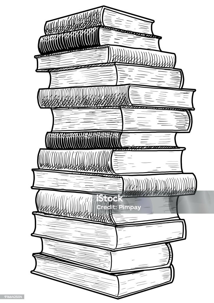 Stack of books illustration, drawing, engraving, ink, line art, vector Illustration, what made by ink, then it was digitalized. Book stock vector