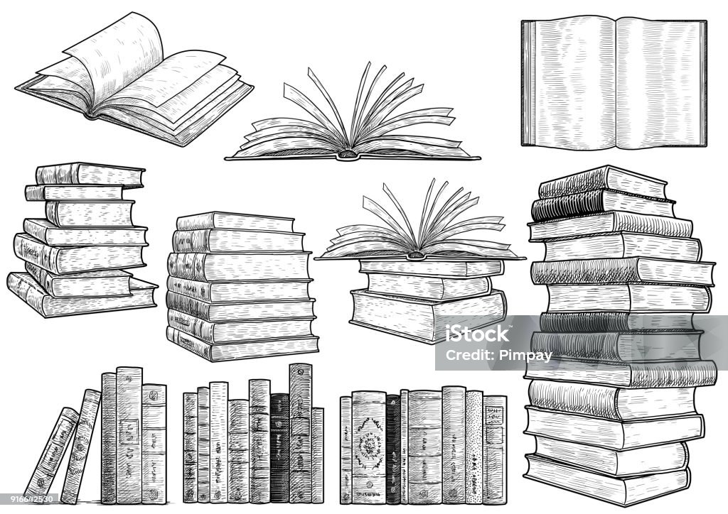 Illustrazione della collezione di libri, disegno, incisione, inchiostro, line art, vettore - arte vettoriale royalty-free di Libro