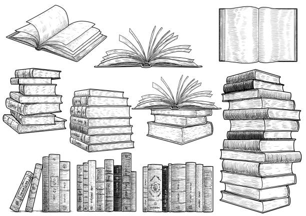 Book collection illustration, drawing, engraving, ink, line art, vector Illustration, what made by ink, then it was digitalized. etching illustrations stock illustrations