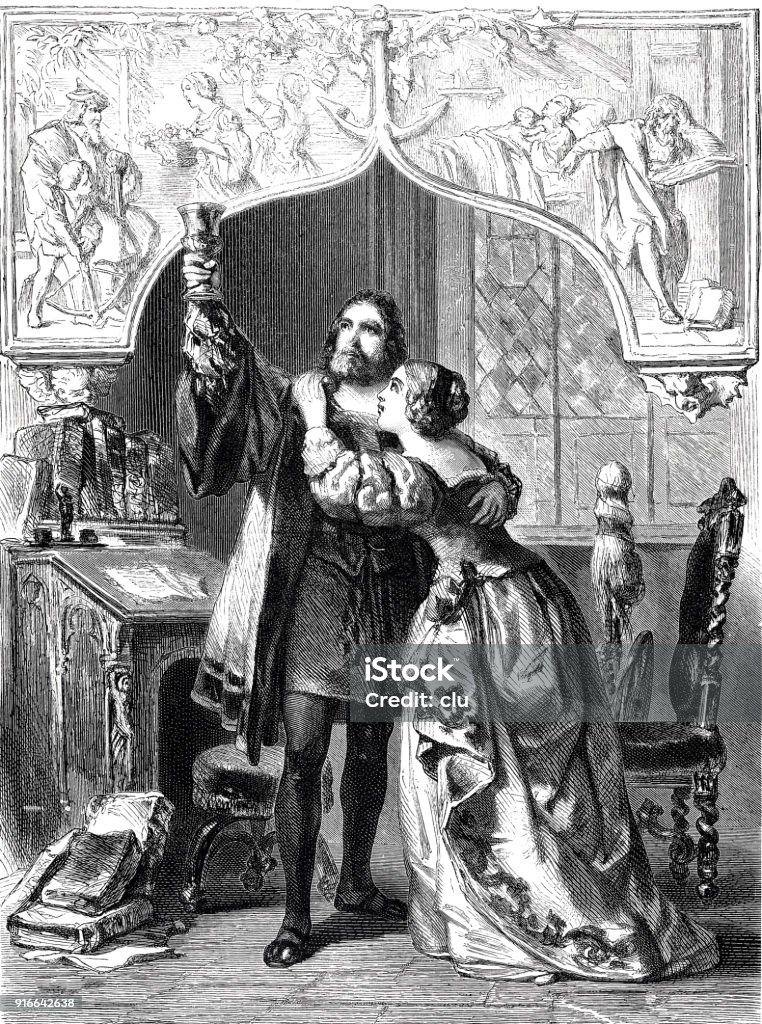 Man holds his drinking cup up in the air, embraced by his wife Illustration from 19th century Drinking stock illustration