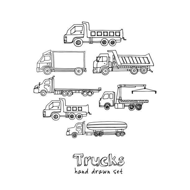 Hand drawn doodle truck set. Vector illustration. Isolated elements on white background Hand drawn doodle truck set. Vector illustration. Isolated elements on white background. Symbol collection. truck drawings stock illustrations