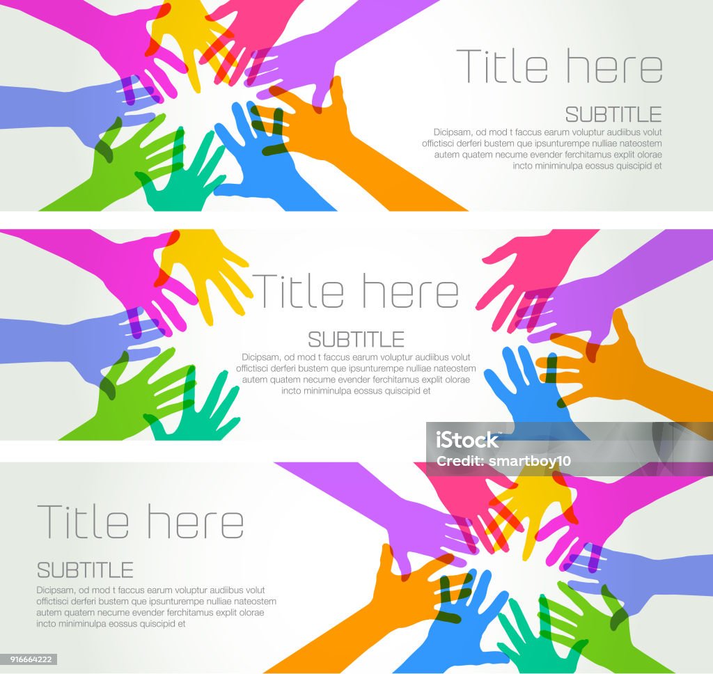 Circle of Hands Banner Colourful overlapping silhouettes of Hands forming a circle. Banner template Circle stock vector