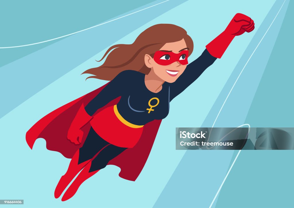 Superhero woman in flight. Attractive young Caucasian woman wearing superhero costume with cape, flying through air in superhero pose, on sky background. Flat contemporary style. Superhero stock vector