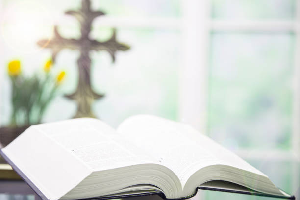 istock Open Bible, Christian cross, with tulips for Easter. 916665124