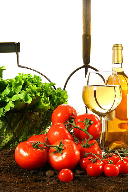 Fresh tomatoes, lettuce and wine stock photo