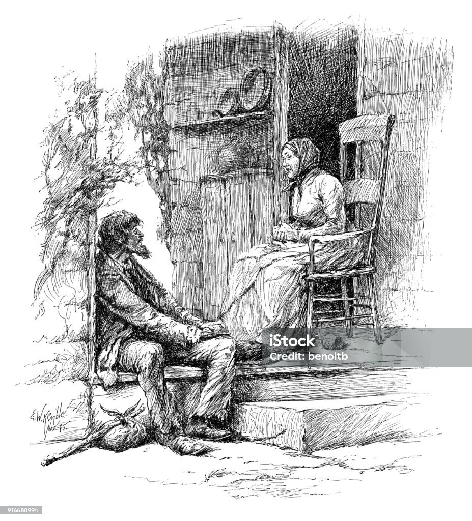 Woman talking with vagabond Woman talking with vagabond - Scanned 1886 Engraving Poverty stock illustration