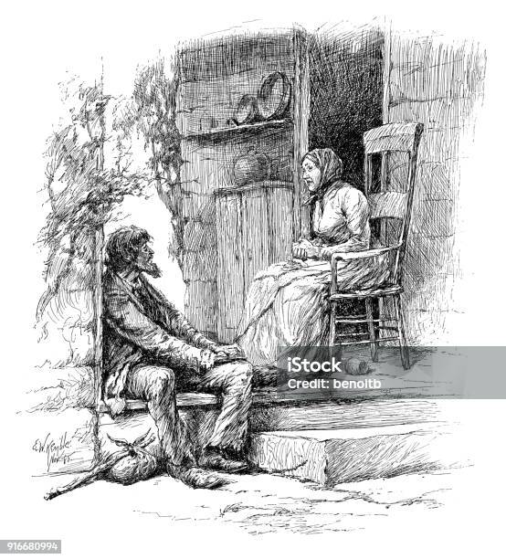 Woman Talking With Vagabond Stock Illustration - Download Image Now - Poverty, 19th Century, 19th Century Style