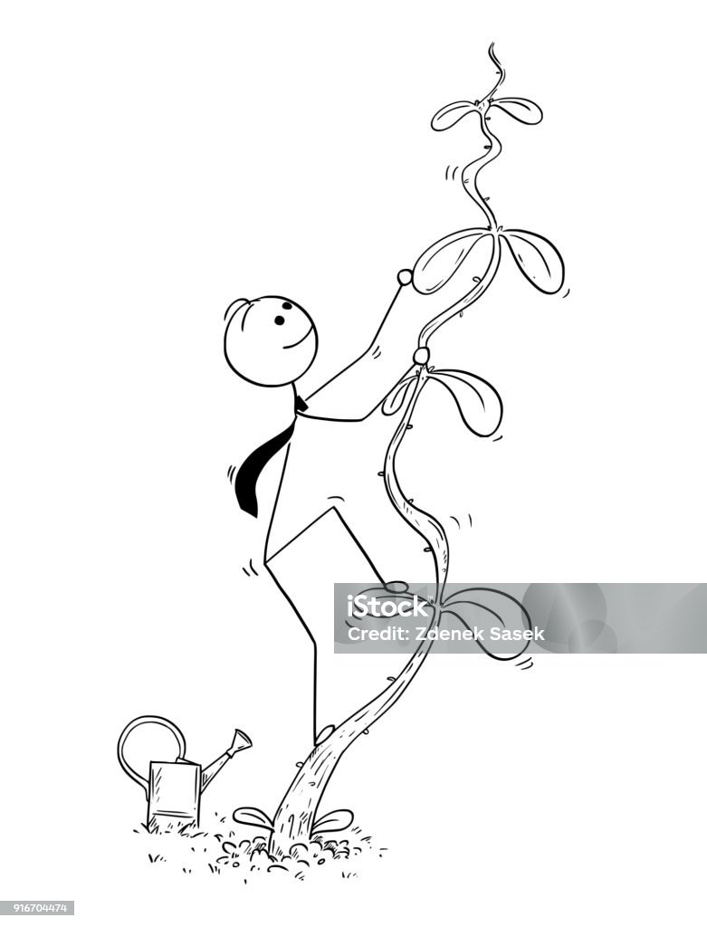 Cartoon of Businessman Climbing High Beanstalk Plant for Success Cartoon stick man drawing conceptual illustration of businessman climbing high plant or beanstalk. Business concept of success, career and startup. Beanstalk stock vector