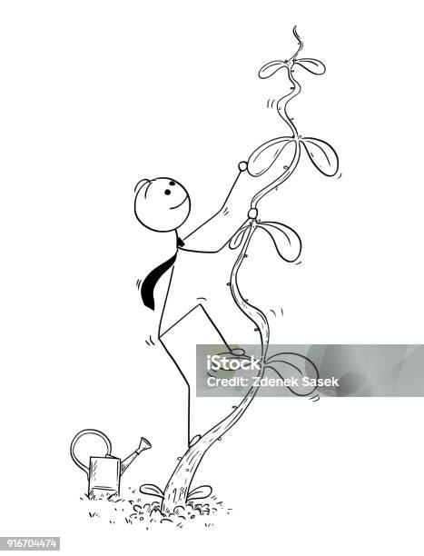 Cartoon Of Businessman Climbing High Beanstalk Plant For Success Stock Illustration - Download Image Now