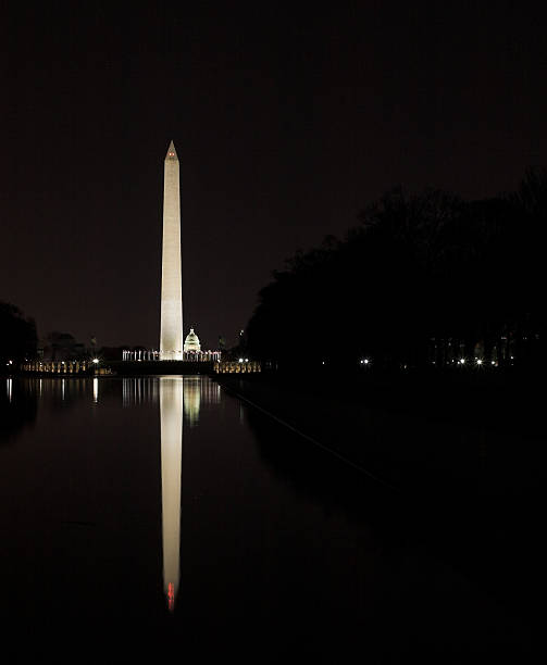 istock Washington Monument in Reflecting pool at night with Capital, Wa 91671349