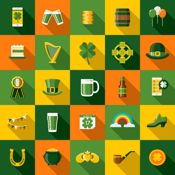 평면 디자인 성 패 트 릭의 날 아이콘 쪽 그림자 설정 - st patricks day pot of gold clover irish culture stock illustrations