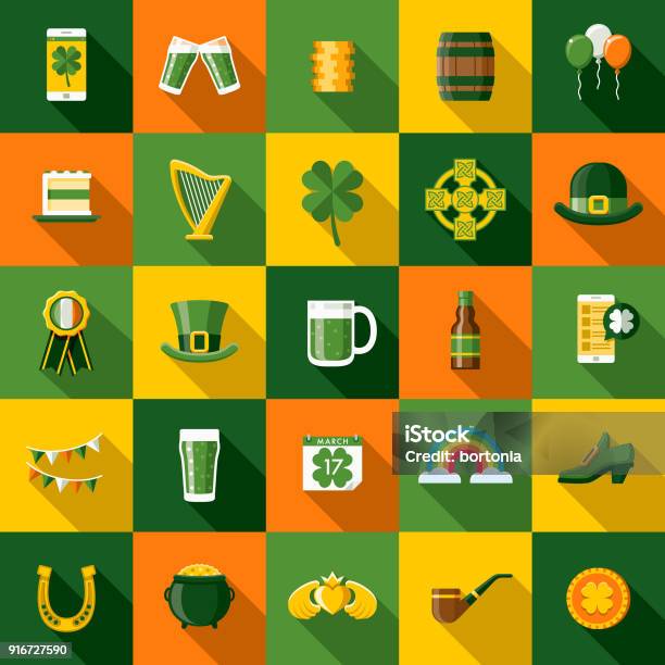 Flat Design St Patricks Day Icon Set With Side Shadow Stock Illustration - Download Image Now