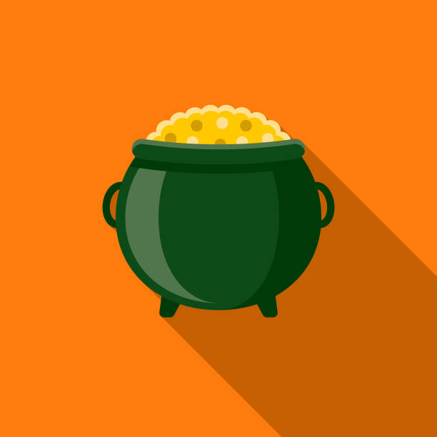 Pot of Gold Flat Design St. Patrick's Day Icon A flat design styled romance and Saint Patrick’s Day icon with a long side shadow. Color swatches are global so it’s easy to edit and change the colors. cauldron illustrations stock illustrations