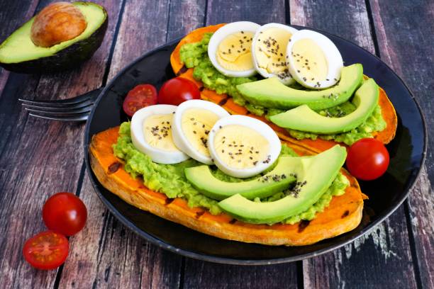 istock Sweet potato toasts with avocado, eggs and chia seeds 916730792