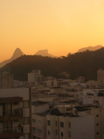 Hills full of hotels, Sugar Loaf mountain and a beautiful Rio de Janeiro sunset.