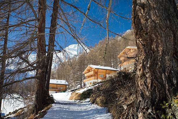 chalets in swiss winter mountains stock photo