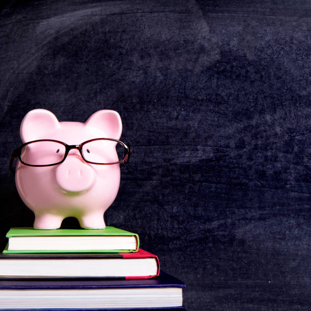 istock Piggy bank with glasses and blackboard 916746752