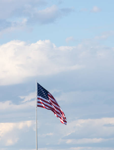 istock Vertical American Flag Against Cloudy Sky 916749524