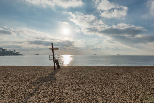 Lifeguard chair on beach Ses figueretes de Ibiza, Spain