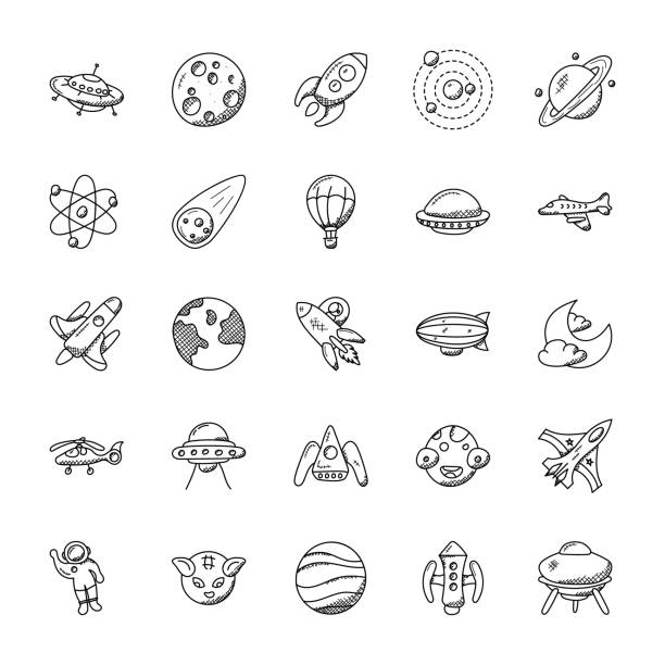 Space and Aircrafts  Icons Set This is a creative pack of doodle icons portraying space and aircraft symbols. A perfect set to be used in science, space, travel, universe and other related projects. alien planet stock illustrations