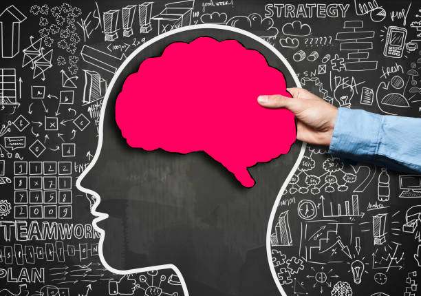 istock Businessman holding brain shape panel,  on blackboard with chaotic charts (Click for more) 916764042