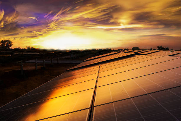 close up of solar cell panel with sunset - solar panel solar power station sun solar energy imagens e fotografias de stock