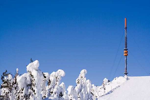 Heavy snow covering a power line with frost, winter scene