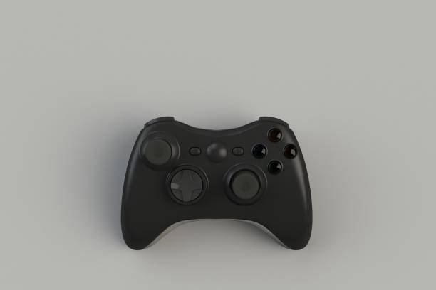 istock Computer game competition. Gaming concept. Black joystick isolated on gray background, 3D rendering 916788728
