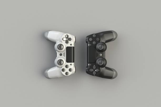 istock Computer game competition. Gaming concept. White and black joystick isolated on gray background, 3D rendering 916788878