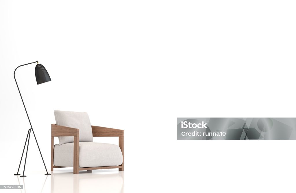 White fabric armchair on white background 3d rendering image White fabric armchair on white background 3d rendering image.There are clipping path on an armchair and lamp. Chair Stock Photo