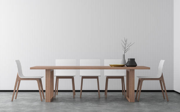 Minimal style dining room 3d rendering image Minimal style dining room 3d rendering image.There are concrete floor,Decorate wall with white wood lattice and finished with wood furniture. dining room stock pictures, royalty-free photos & images