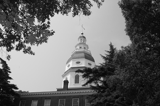 State capitol in Annapolis, Maryland.  Black and white.