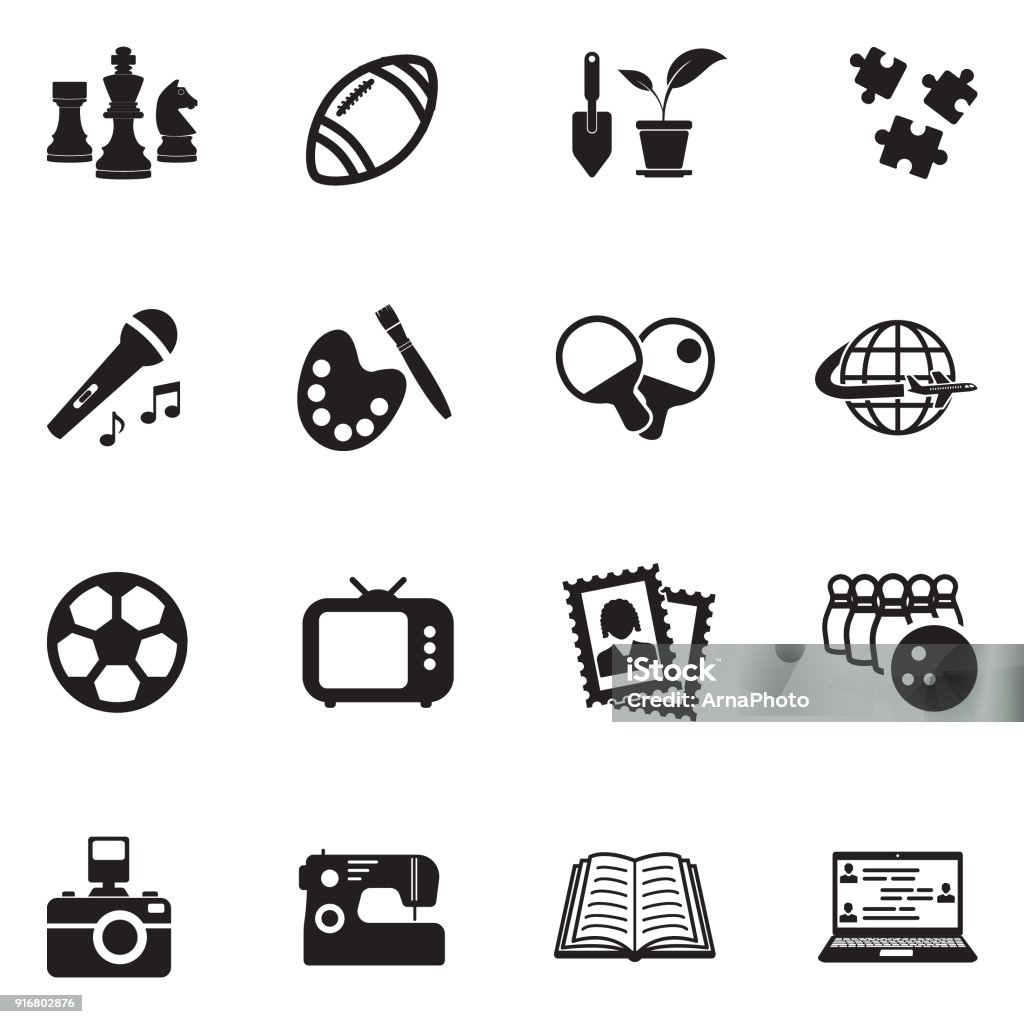 Hobbies Icons. Black Flat Design. Vector Illustration. Photograph, Technology, Hobbies, Chess Hobbies stock vector