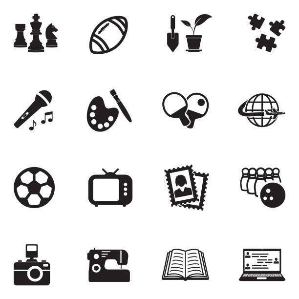 Hobbies Icons. Black Flat Design. Vector Illustration. Photograph, Technology, Hobbies, Chess hobbies stock illustrations