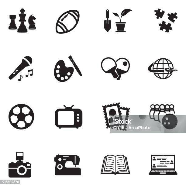 Hobbies Icons Black Flat Design Vector Illustration Stock Illustration - Download Image Now