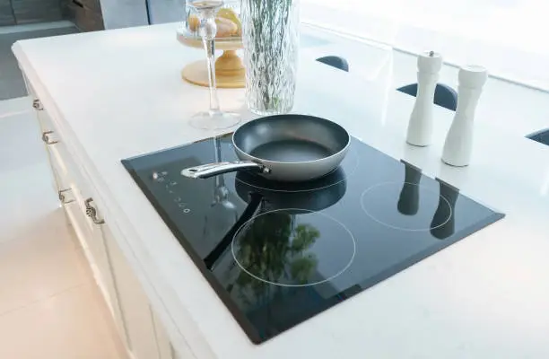 Photo of Frying pan on modern black induction stove, cooker, hob or built in cooktop with ceramic top in white kitchen interior